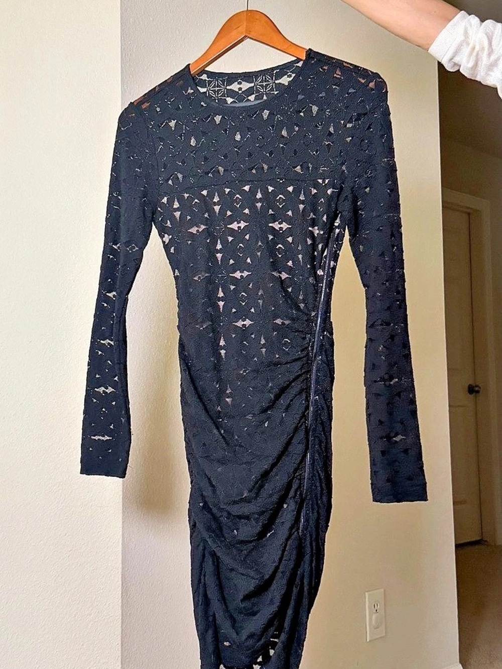 Black Lace Ruched Midi Dress Size Small Like New